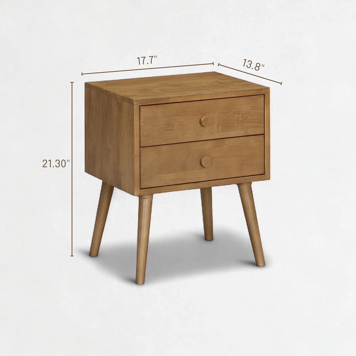 Solid Rubberwood 2-Drawer Nightstand – Sand Mid-Century Bedside Table