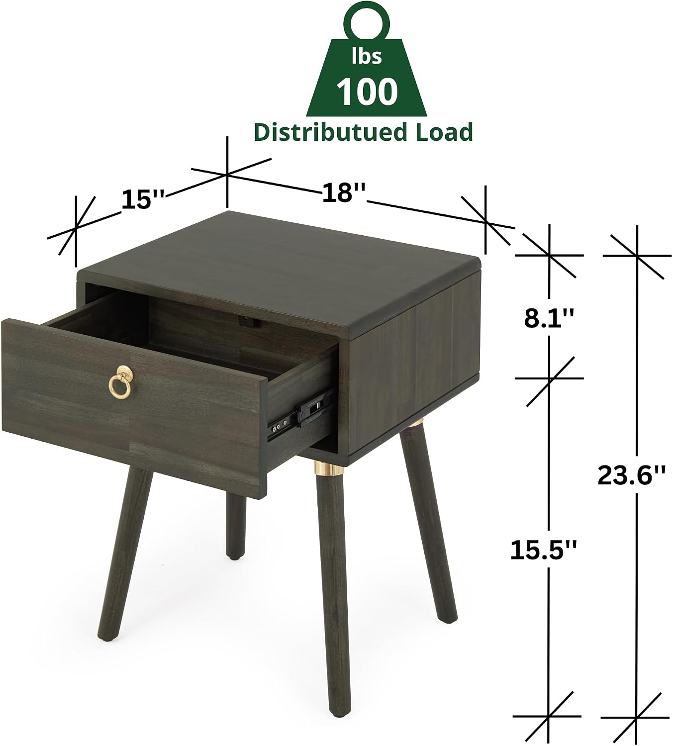 Solid Acacia Wood Nightstand with Drawer – Caramel Mid-Century Side Table