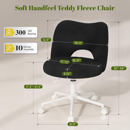 White Teddy Vanity Chair Armless Adjustable Swivel Desk Chair with Wheels
