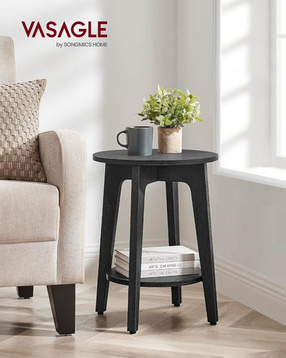 Round Wood Side Table with Lower Shelf Mid Century End Table