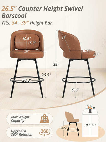 26 Inch Swivel Counter Height Bar Stools Linen Upholstered Black Metal Set of 2