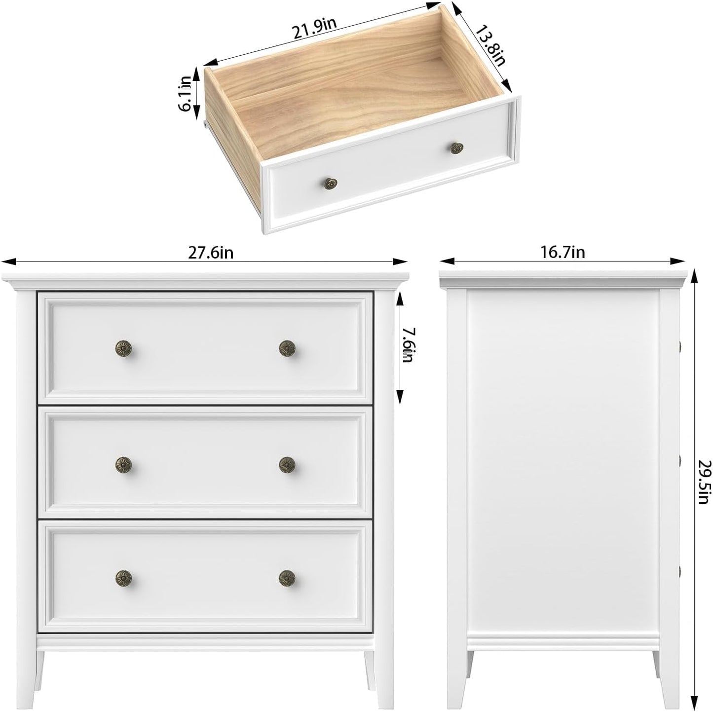 Solid Wood 3-Drawer Nightstand with Charging Station – White Farmhouse Bedside Table