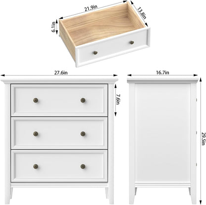 Solid Wood 3-Drawer Nightstand with Charging Station – White Farmhouse Bedside Table