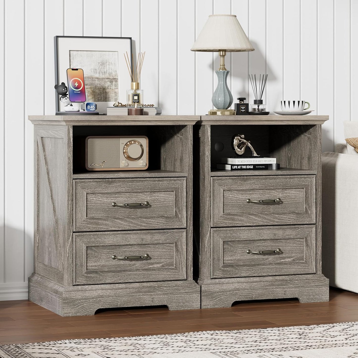 Farmhouse Nightstand with Charging Station 2 Drawers Off White Bedside Table