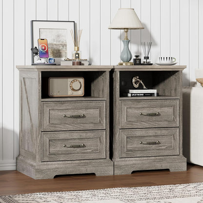 Farmhouse Nightstand with Charging Station 2 Drawers Off White Bedside Table