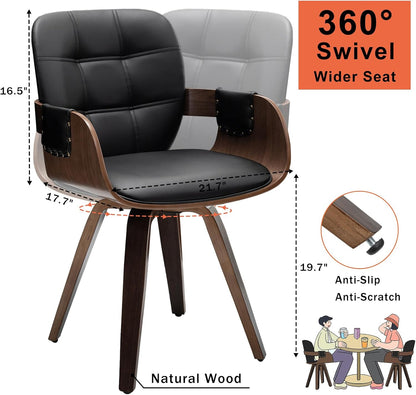 Walnut Brown Swivel Dining Chair with Arms Faux Leather Mid Century Chair