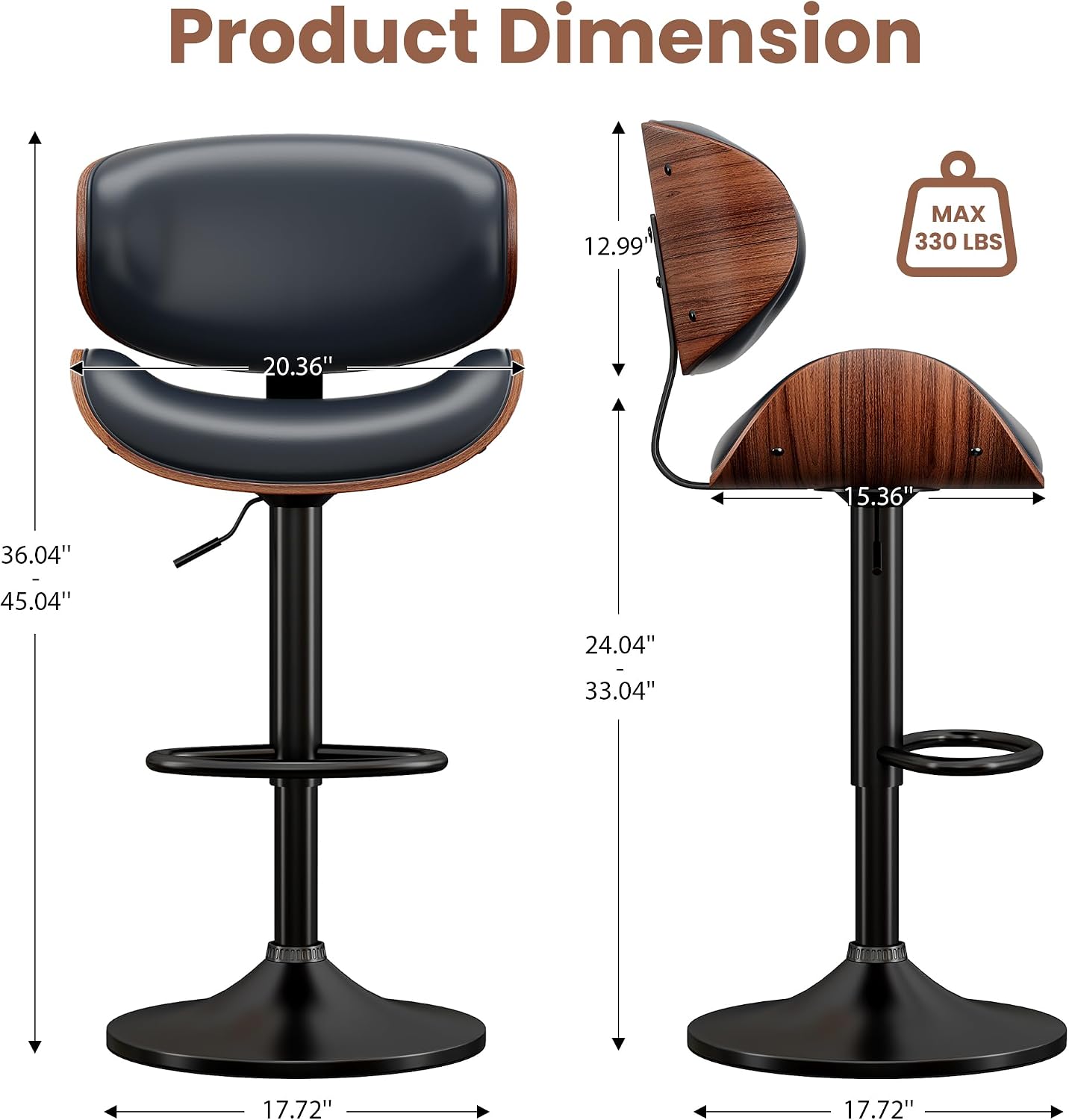 Adjustable Swivel Bar Stool Black PU Leather Walnut Bentwood Counter Chair