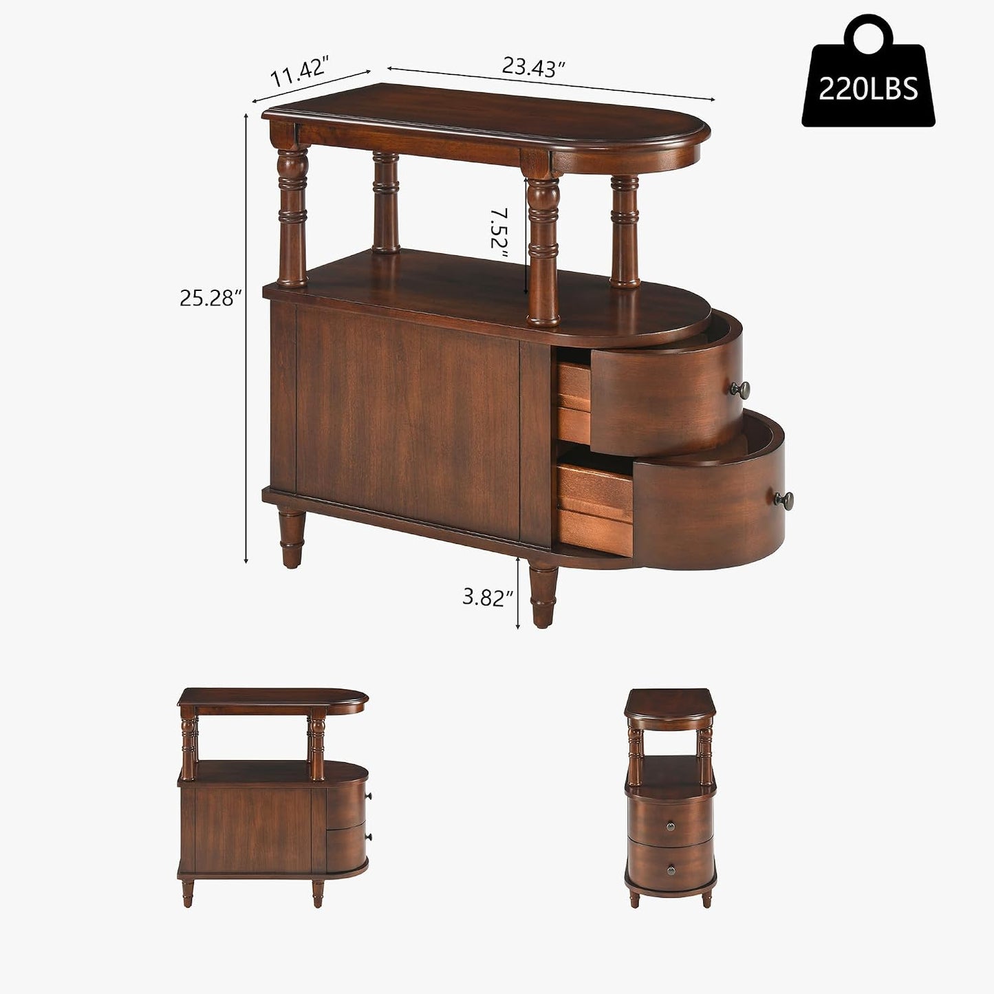 Solid Wood Slim End Table with 2 Drawers & Storage Shelf – Beewax Tone