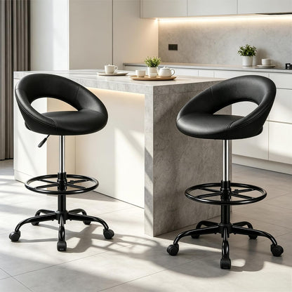 Adjustable Drafting Chair Black Faux Leather Swivel Counter Stool with Wheels