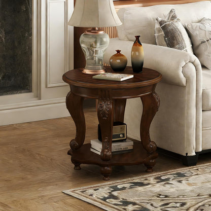 Round End Table Antique Natural Victorian Carved Side Table with Storage Shelf