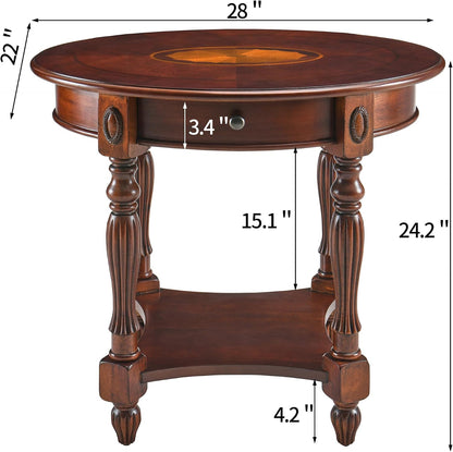 Solid Wood Oval End Table with Drawer and Lower Storage Shelf