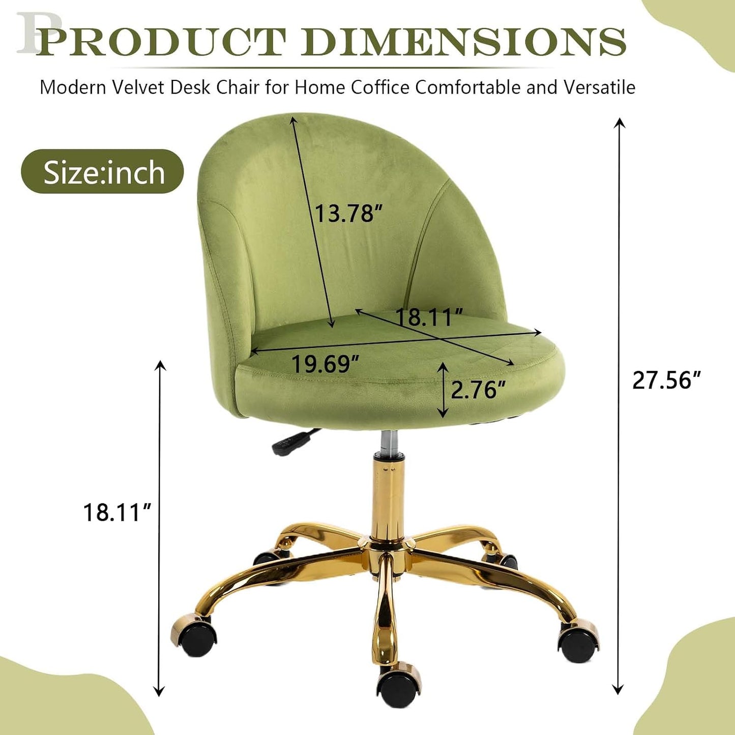 Black Velvet Vanity Chair Gold Base Adjustable Swivel Rolling Desk Chair