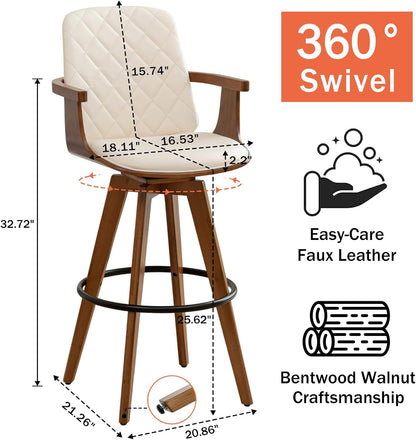 Walnut Swivel Bar Stool with Arms Beige Faux Leather Mid Century Chair