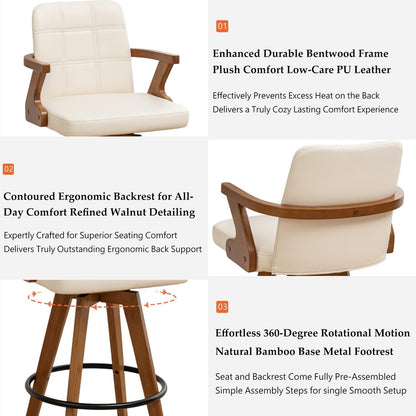 Walnut Black Swivel Counter Stool with Arms Mid Century Upholstered Bar Chair