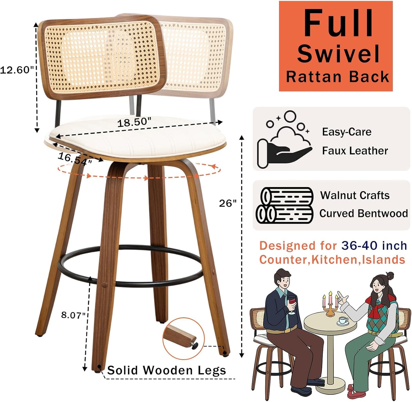 Walnut Rattan Counter Stool with Cane Back Grey Fabric Seat 26 Inch