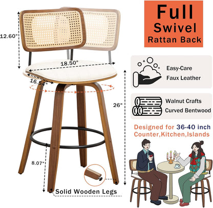 Walnut Rattan Counter Stool with Cane Back Grey Fabric Seat 26 Inch