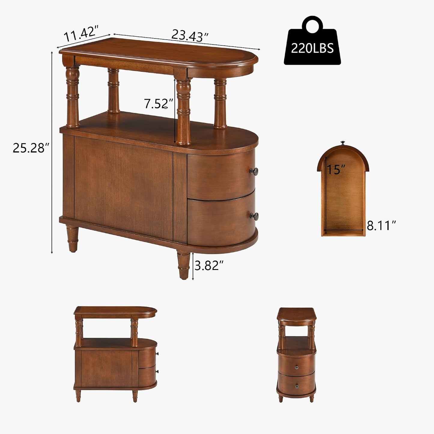 Solid Wood Narrow End Table with Drawers White Slim Bedside Nightstand