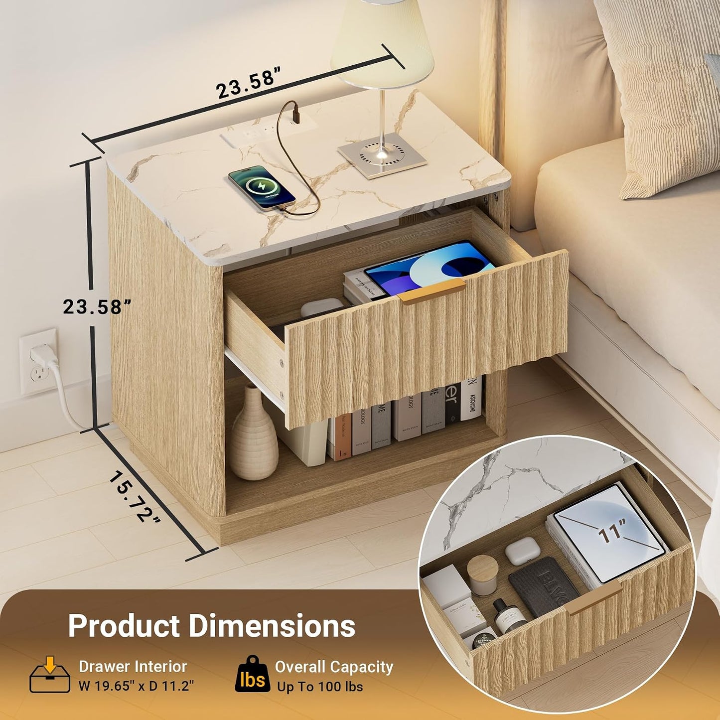 23" Modern Fluted Nightstand with Charging Station – Natural Oak Bedside Table
