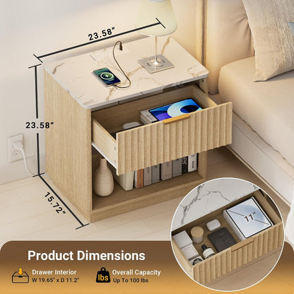 23" Modern Fluted Nightstand with Charging Station – Natural Oak Bedside Table
