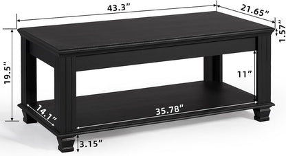 Farmhouse Walnut Coffee Table with Open Storage Shelf Rustic Wood Center Table