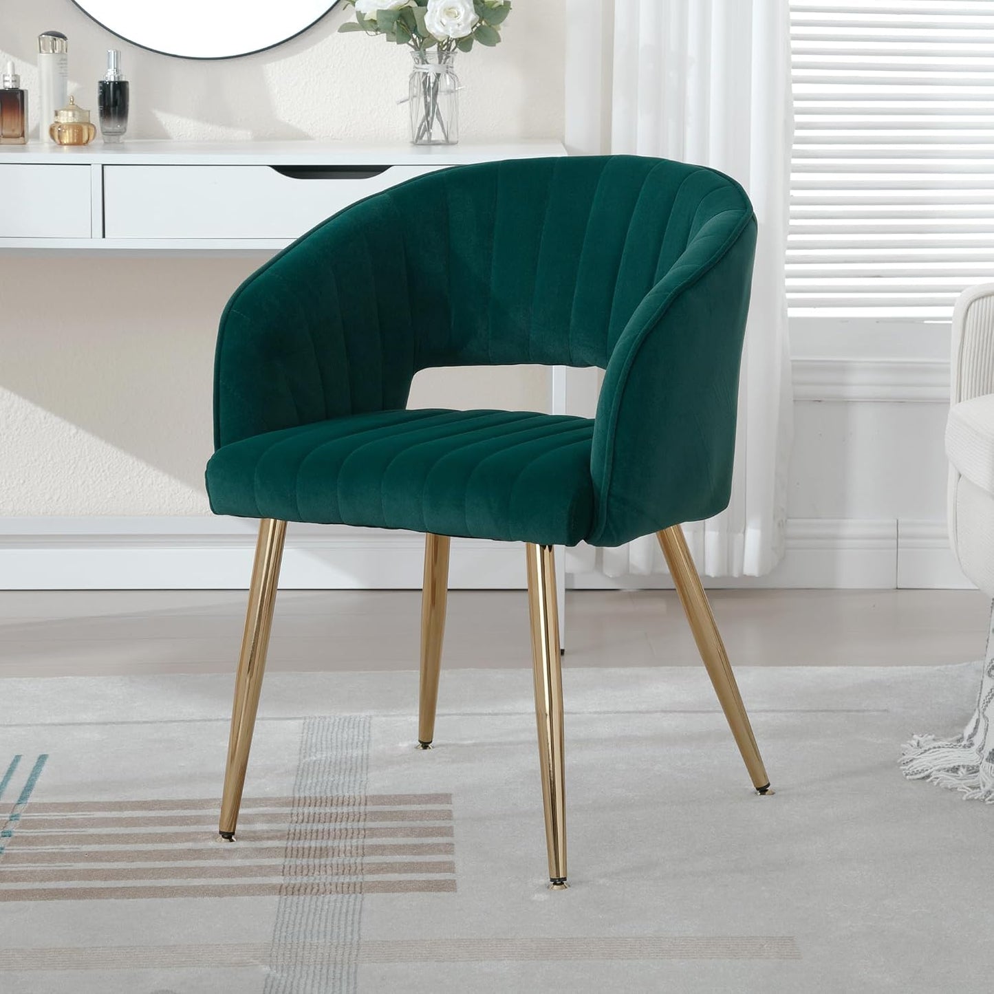 Light Gray Velvet Desk Chair Tufted Vanity Armchair with Gold Metal Legs