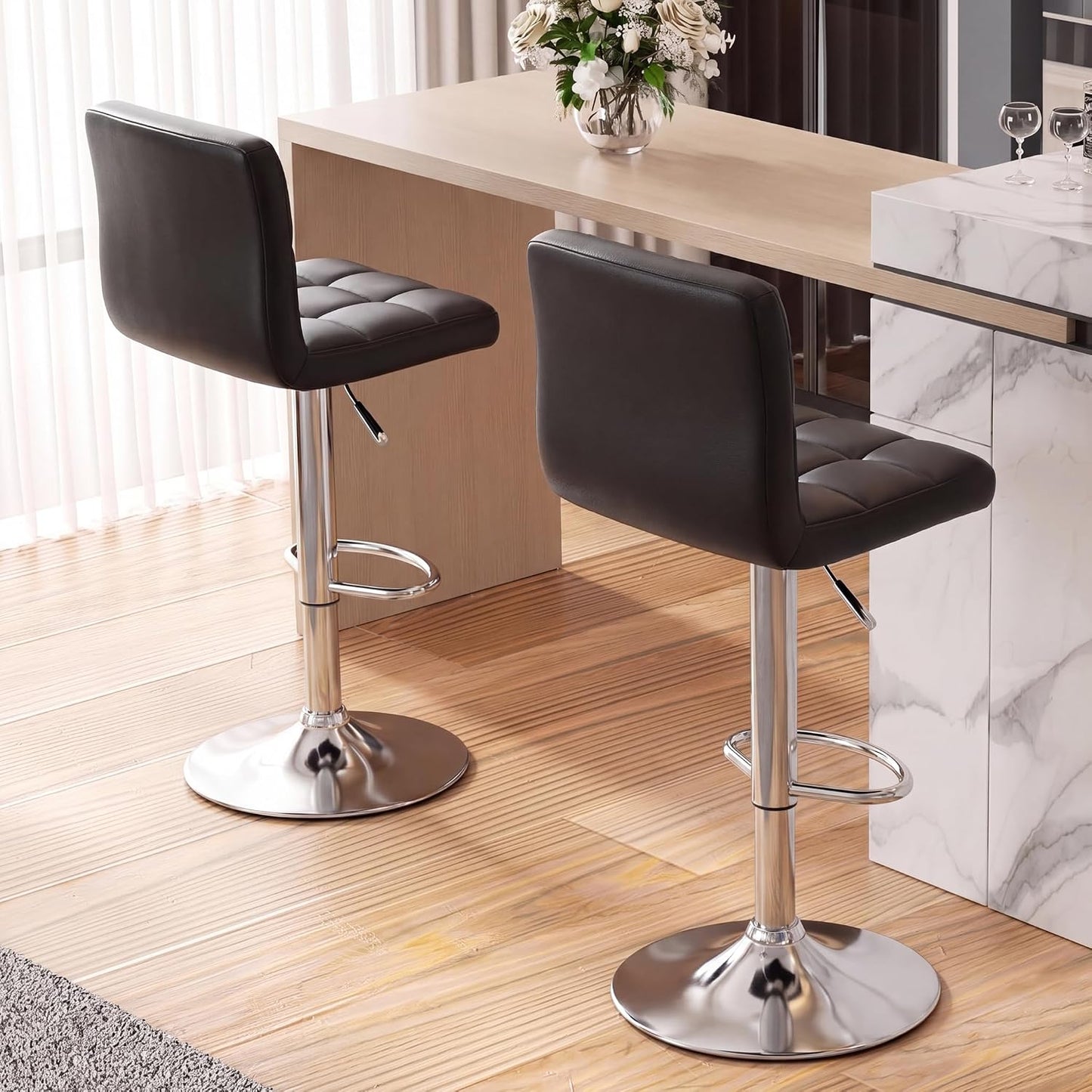 Black Swivel Bar Stools Set of 2 Adjustable Upholstered Kitchen Chairs