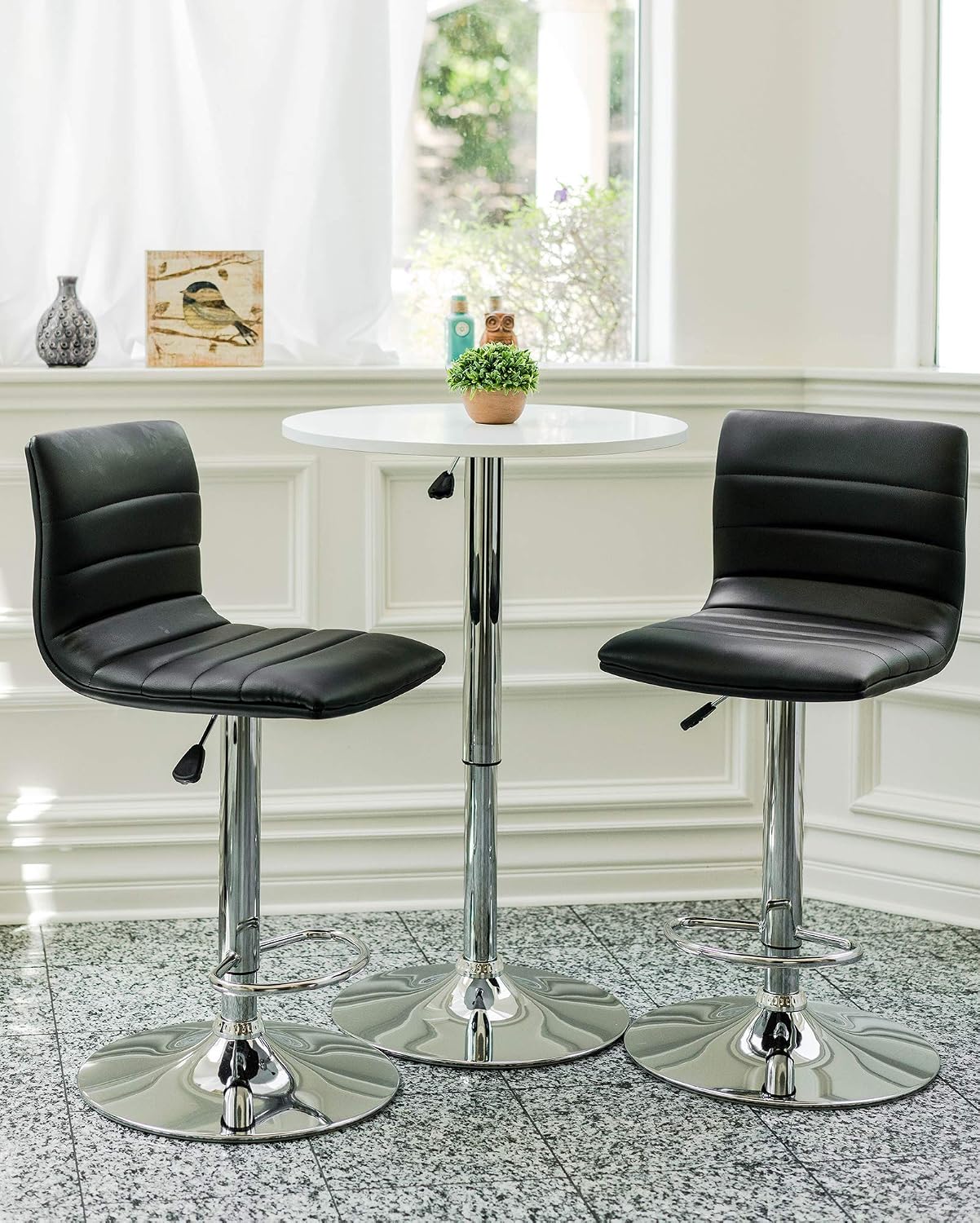 Black Adjustable Bar Stools Set of 2 Modern Swivel Faux Leather Chairs