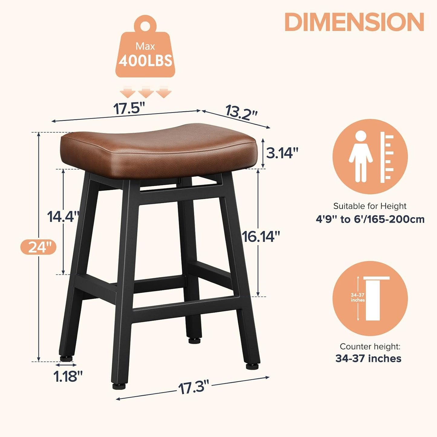 24 Inch Black Counter Height Bar Stools Set of 2 Bonded Leather Saddle Seats