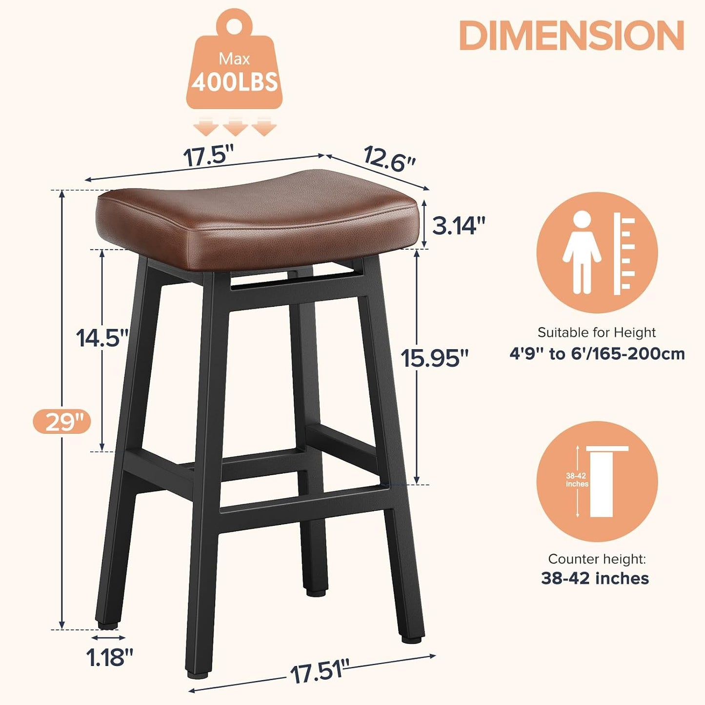 29 Inch Black Bar Height Stools Set of 2 Bonded Leather Saddle Seats