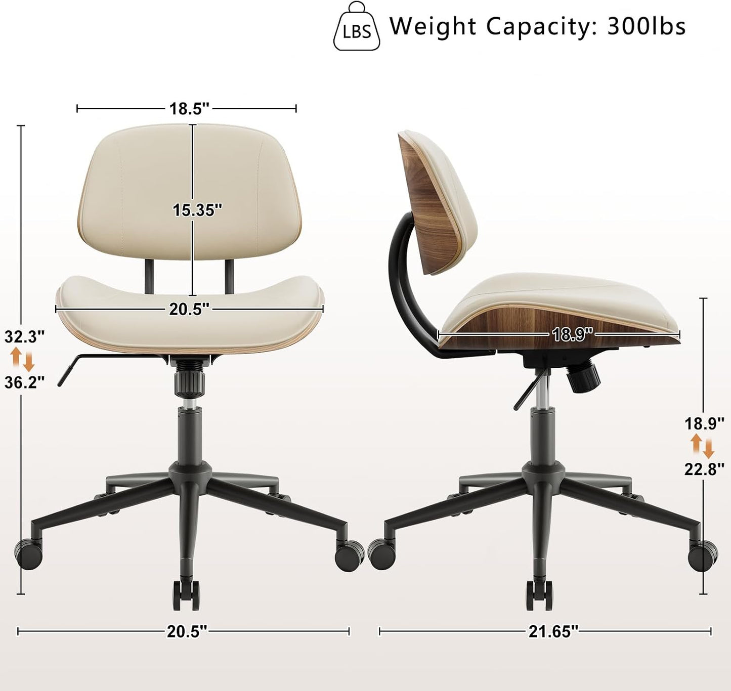 Black PU Leather Office Chair Armless Swivel Desk Chair with Walnut Back and Wheels