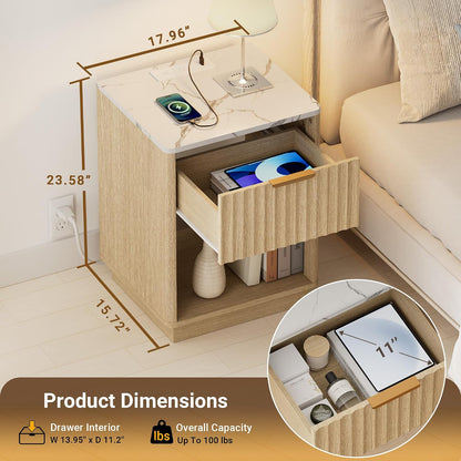 Modern Fluted Nightstand with Charging Station – Natural Oak Bedside Table