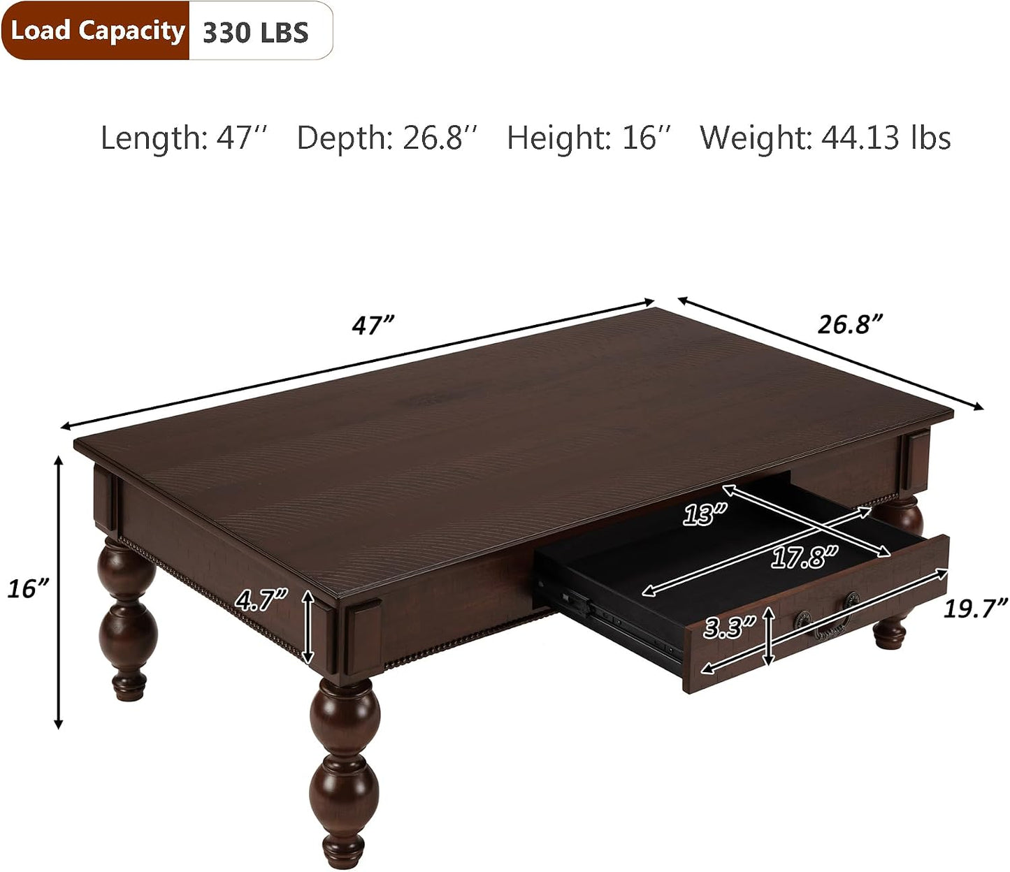 Traditional Walnut Coffee Table with Drawer Rustic Farmhouse Wood Living Room Table