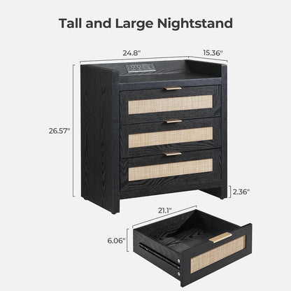 Rattan Nightstand with 3 Drawers Charging Station Farmhouse Bedside Table