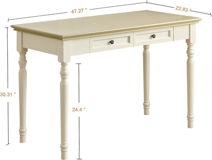 French Country Solid Wood Writing Desk with 2 Drawers Beige Farmhouse Table