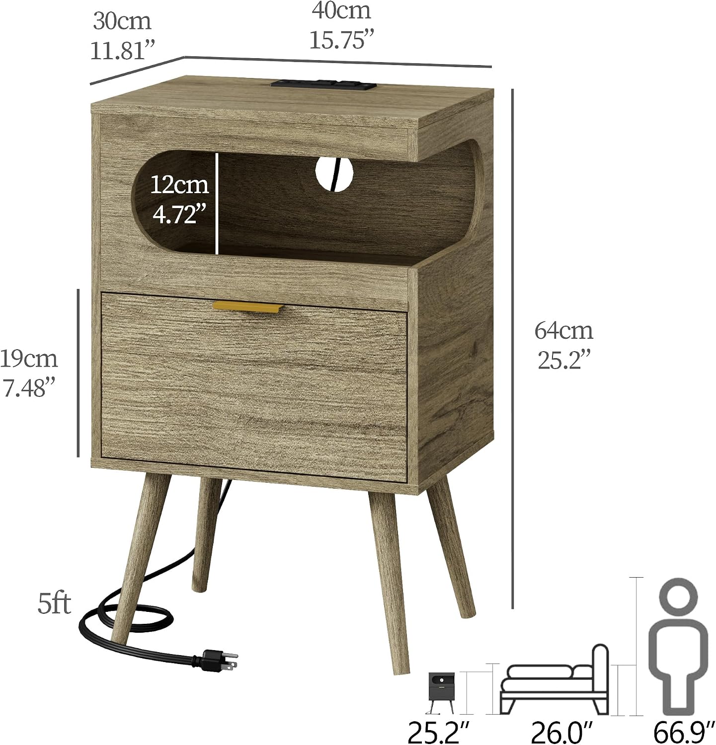 Modern Black Nightstand with Charging Station, LED Light & Storage Drawer