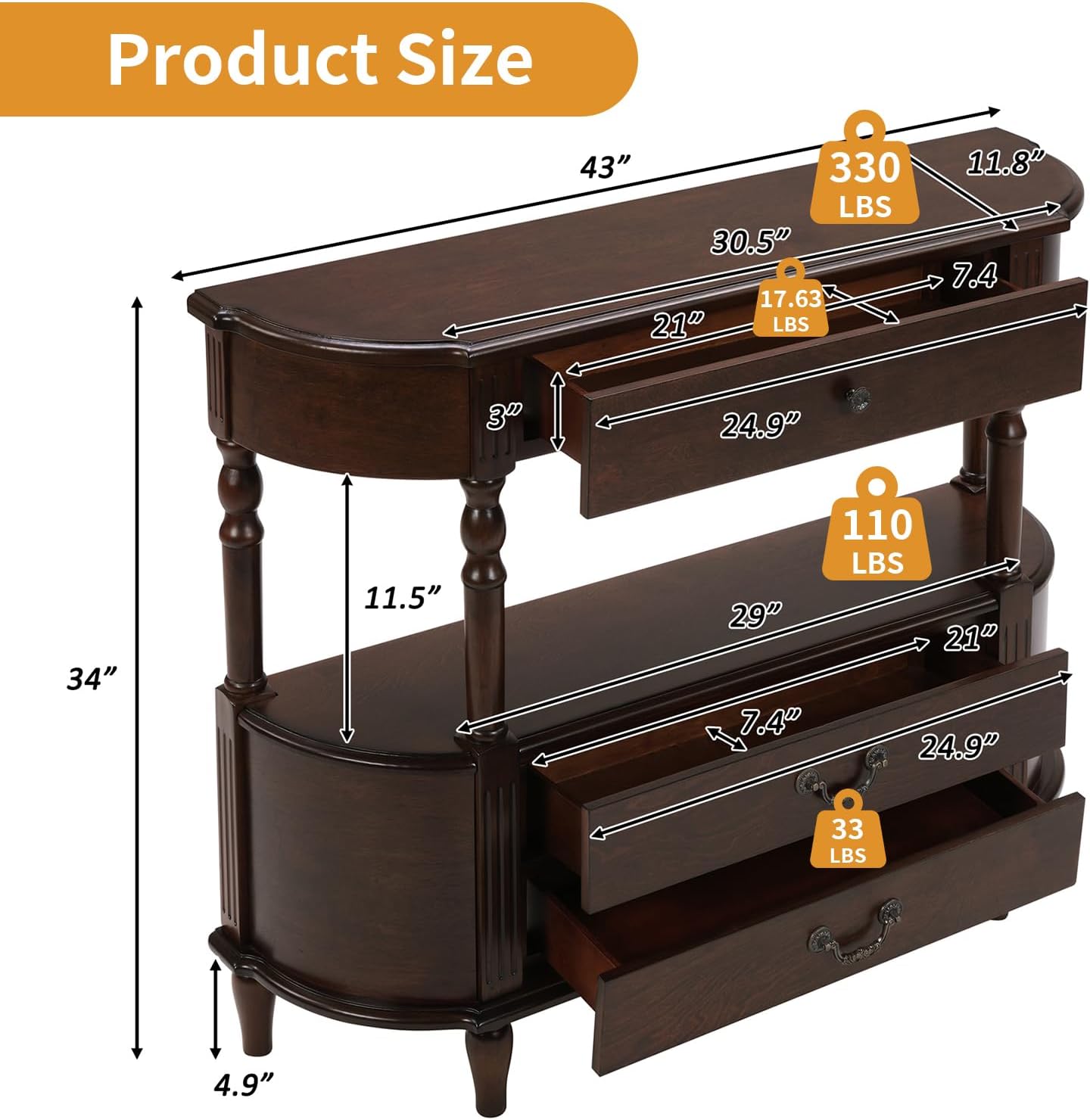 Solid Wood Console Table with Drawers Cherry Half Moon Entryway Table