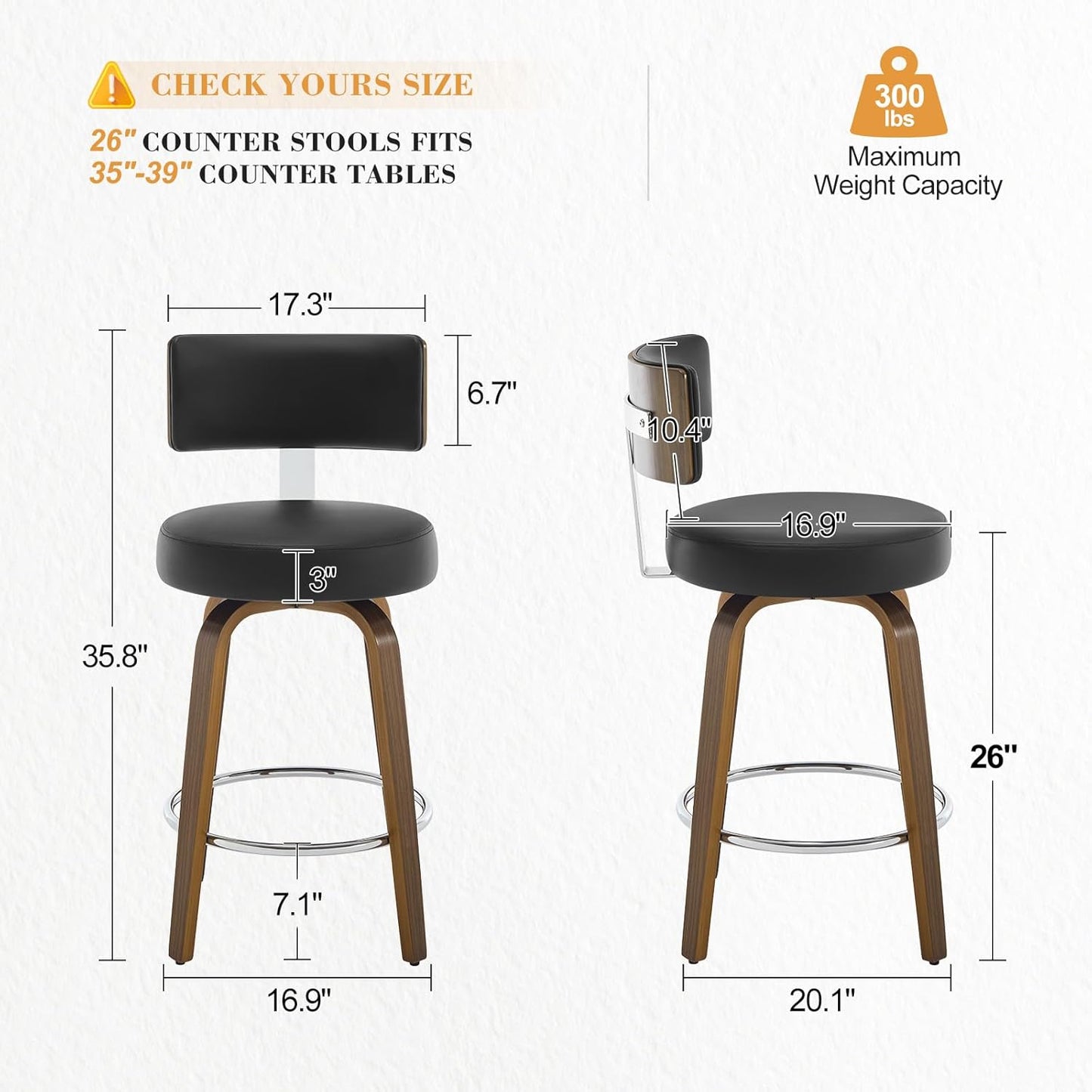 White Swivel Counter Stools Set of 2 Walnut Kitchen Island Chairs