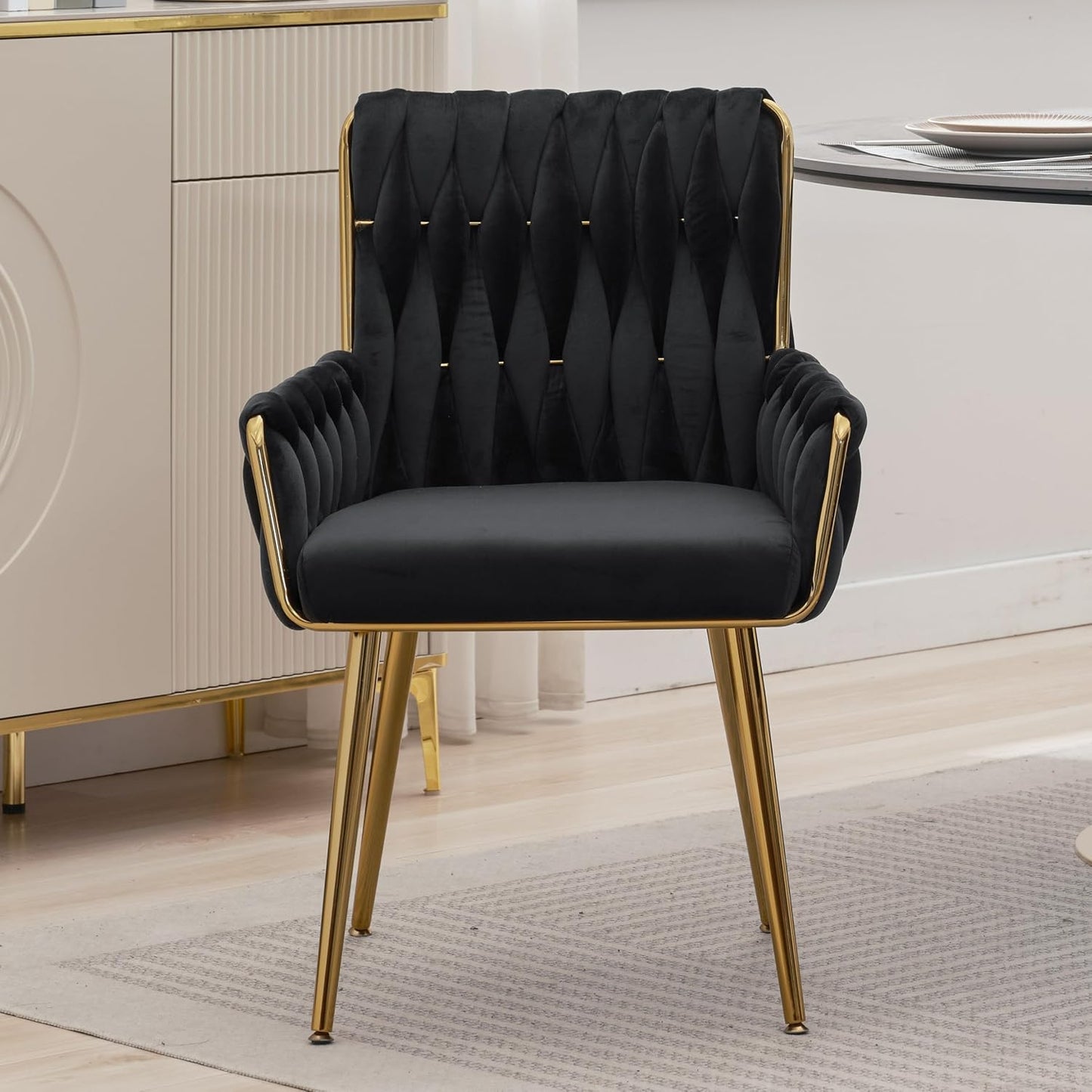 Beige Velvet Vanity Chair Hand Woven Gold Leg Upholstered Accent Chair