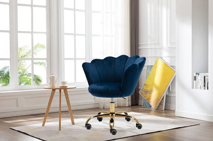 Blue Velvet Office Chair Adjustable Swivel Vanity Chair with Gold Base