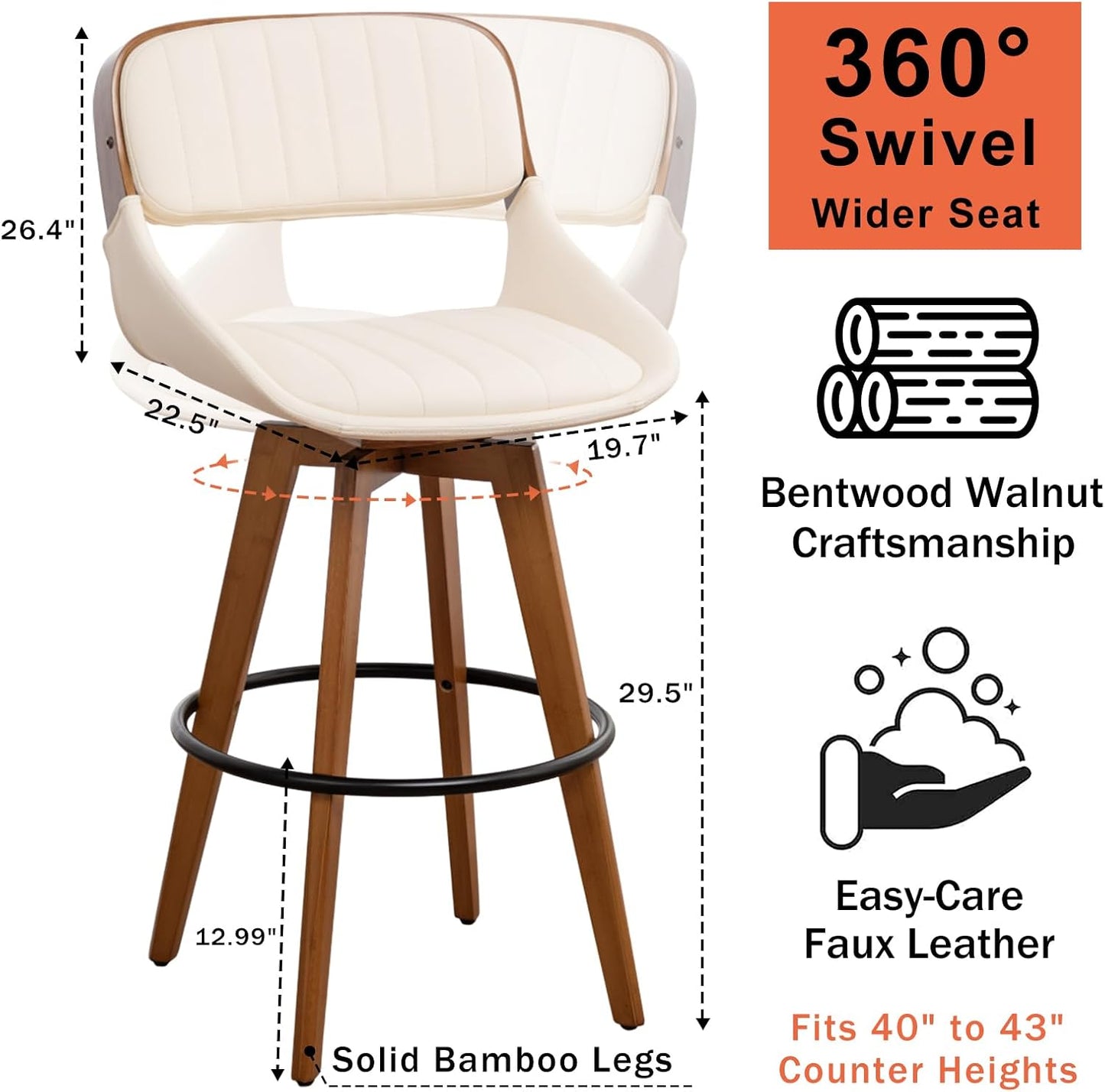 Walnut Black Swivel Bar Stools Faux Leather Mid Century Set of 2