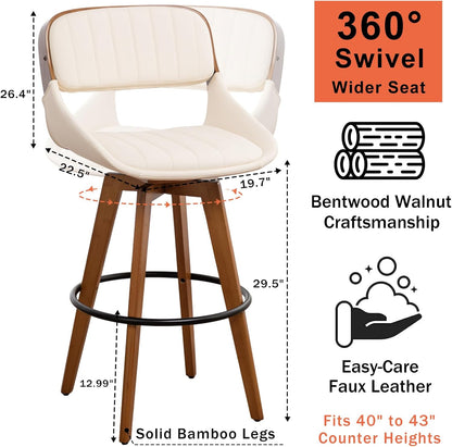 Walnut Black Swivel Bar Stools Faux Leather Mid Century Set of 2