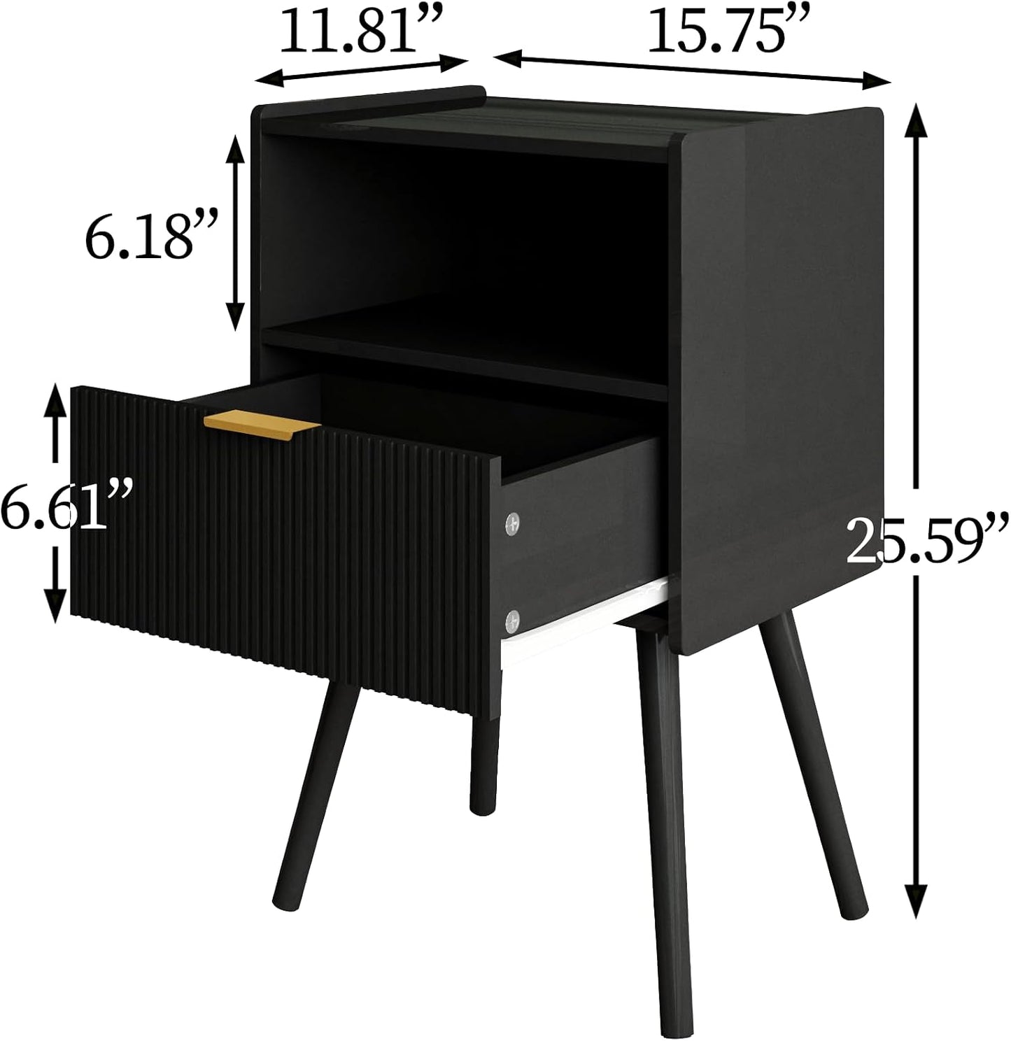 Modern Walnut Brown Fluted Nightstand with Drawer & Open Shelf