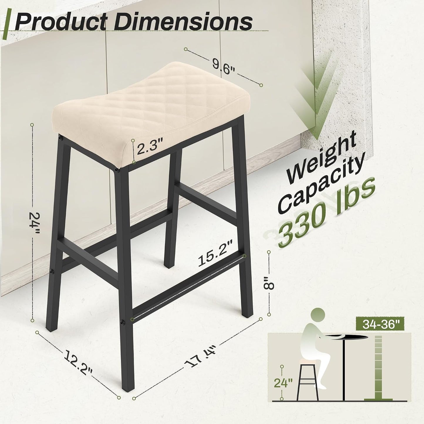 24 Inch Counter Height Bar Stools Set of 3 Brown Saddle Seats Black Metal Frame
