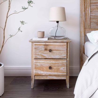 Solid Pine Wood 2-Drawer Nightstand – Brushed Walnut Bedside Table