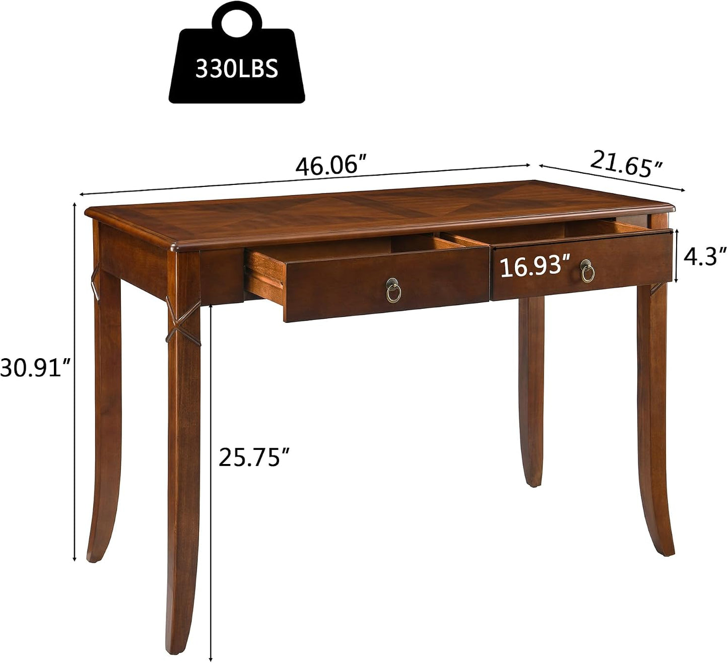 Vintage Solid Wood Writing Desk with 2 Drawers Cherry Brown Secretary Table