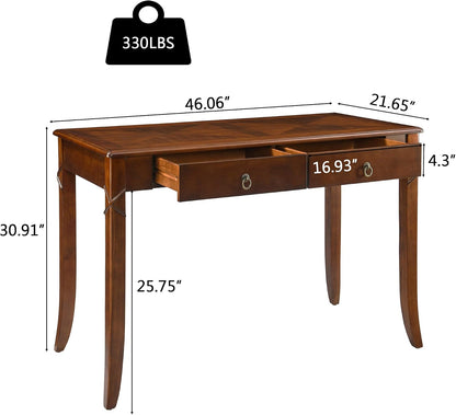 Vintage Solid Wood Writing Desk with 2 Drawers Cherry Brown Secretary Table