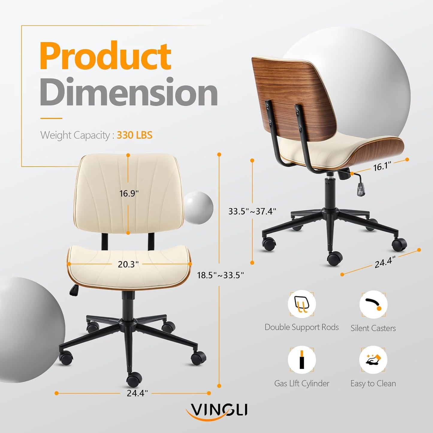 Walnut Office Chair Black PU Leather Adjustable Swivel Rolling Desk Chair