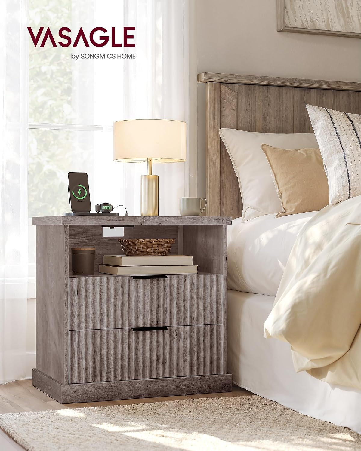 Modern Oak Beige Nightstand with Charging Station – 2-Drawer Fluted Bedside Table