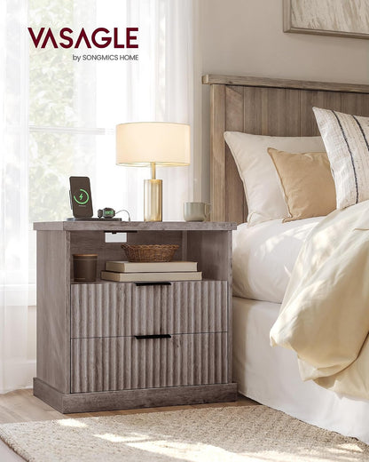 Modern Oak Beige Nightstand with Charging Station – 2-Drawer Fluted Bedside Table