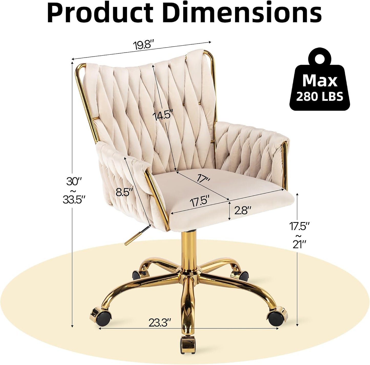 Rose Pink Velvet Vanity Chair Gold Swivel Rolling Office Chair with Wheels
